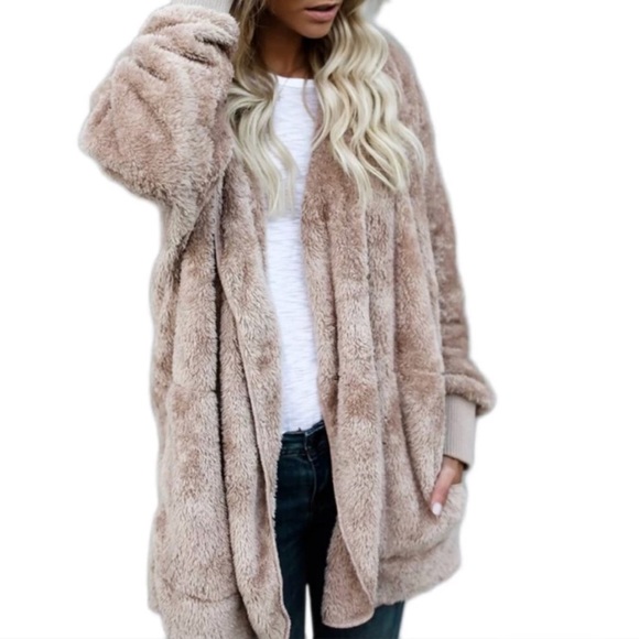 LAST ONE! • Taupe Tan Beige Sherpa Jacket Cardigan - Picture 3 of 8